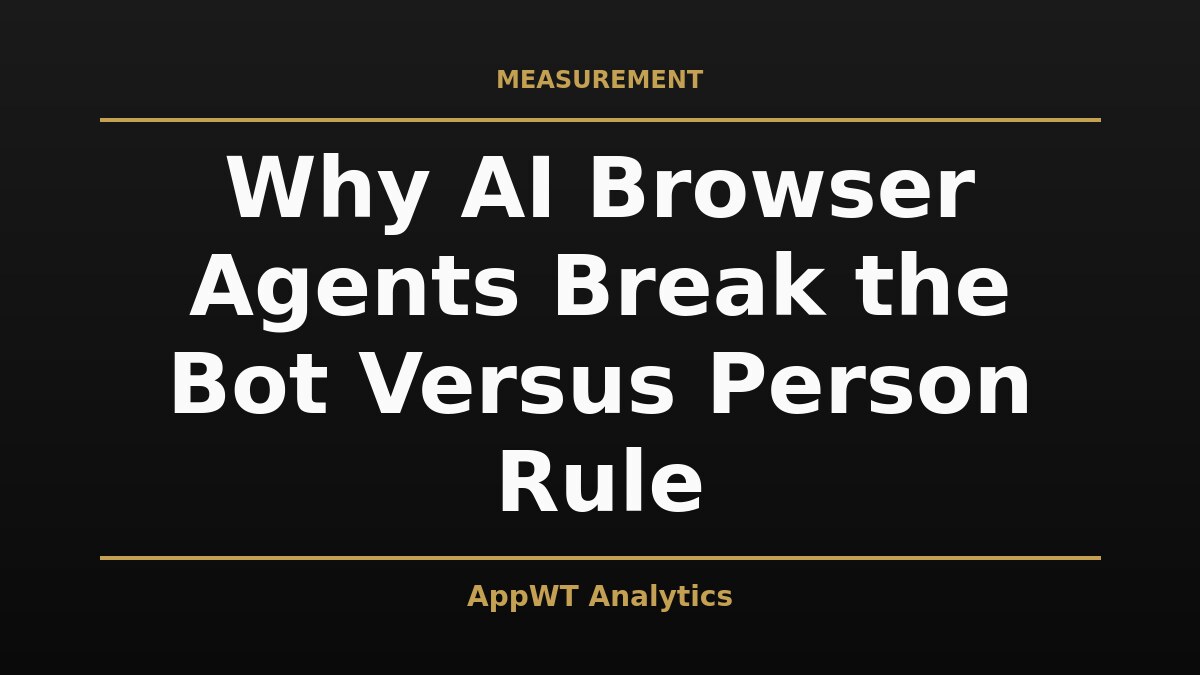 Black and gold title card reading Why AI Browser Agents Break the Bot Versus Person Rule, with the AppWT Analytics name in gold along the bottom edge
