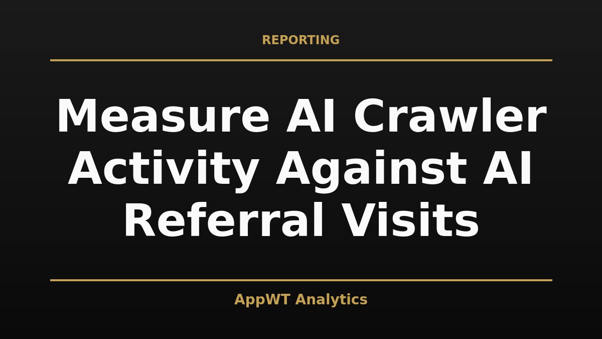 Black and gold title card reading Measure AI Crawler Activity Against AI Referral Visits, with the AppWT Analytics name in gold along the bottom edge