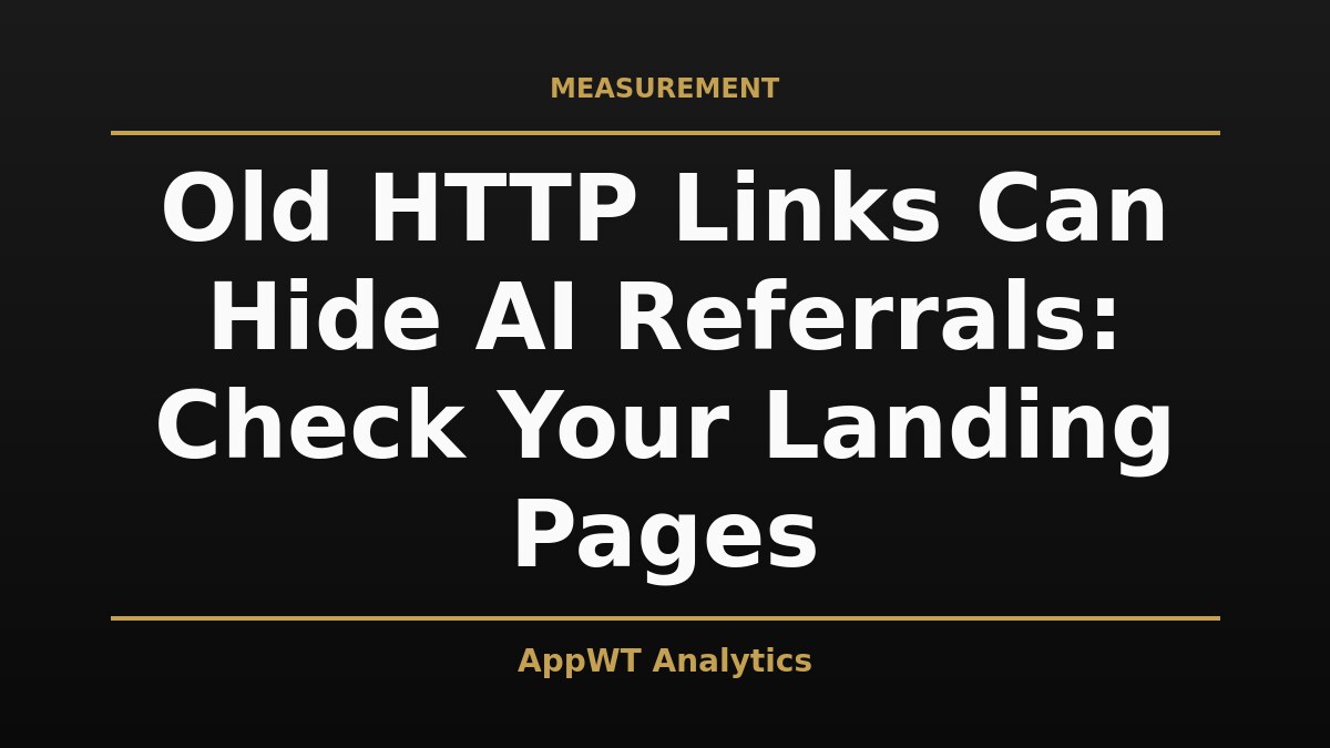 Black and gold title card reading Old HTTP Links Can Hide AI Referrals: Check Your Landing Pages, with the AppWT Analytics name in gold along the bottom edge